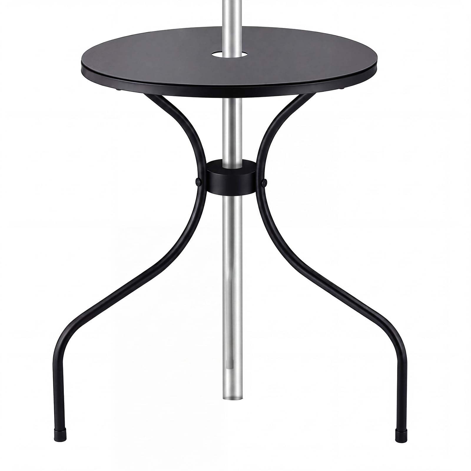 Novabright front view of compact patio table showing sleek black finish and benefit of space saving