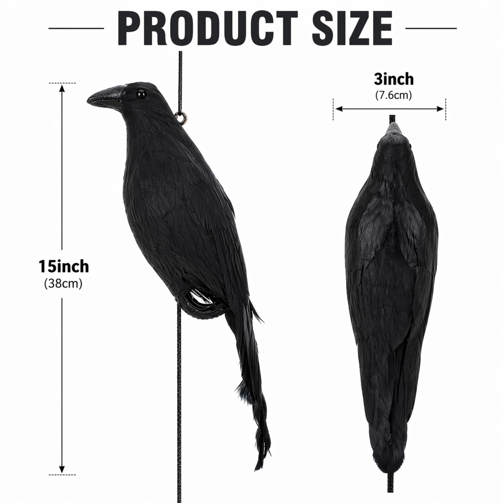 Novabright hanging crow on tree branch showing visible deterrent presence benefit