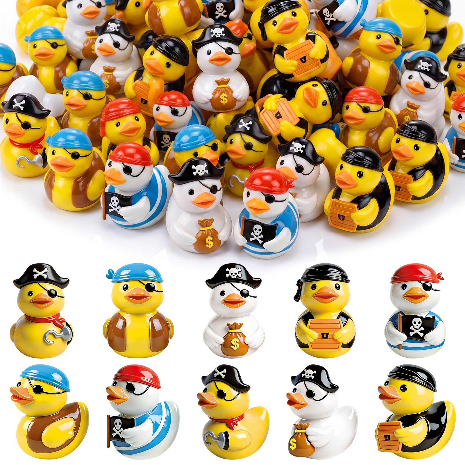 Novabright front packaging showing 100 pirate duck figurines, great for party supplies