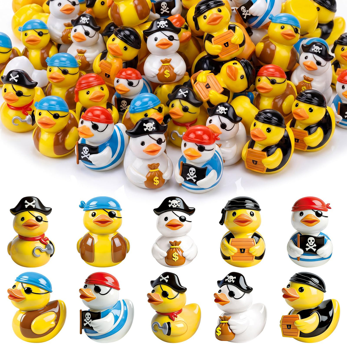 Novabright front packaging showing 100 pirate duck figurines, great for party supplies