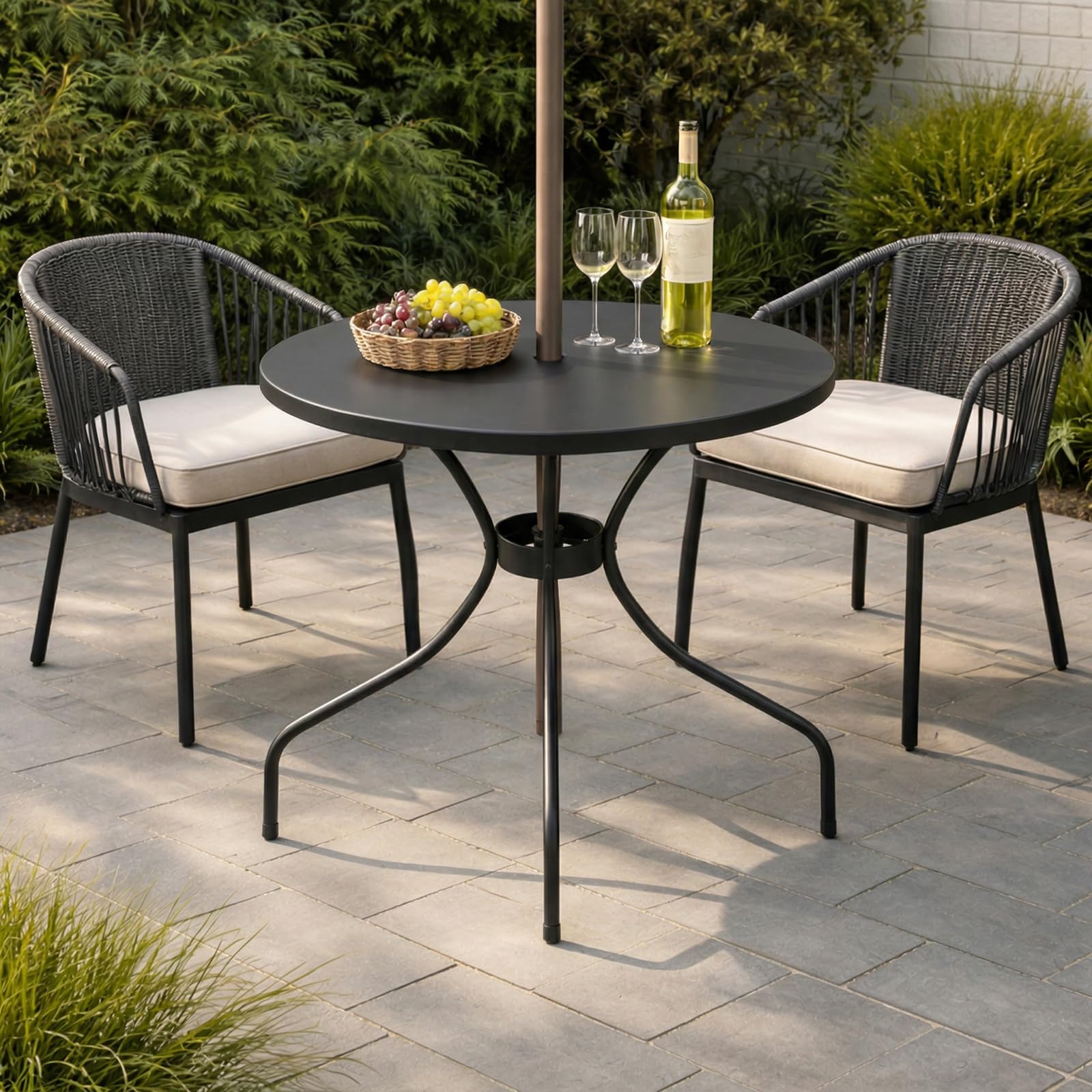 Novabright table staged with coffee and book illustrating convenience for outdoor relaxation