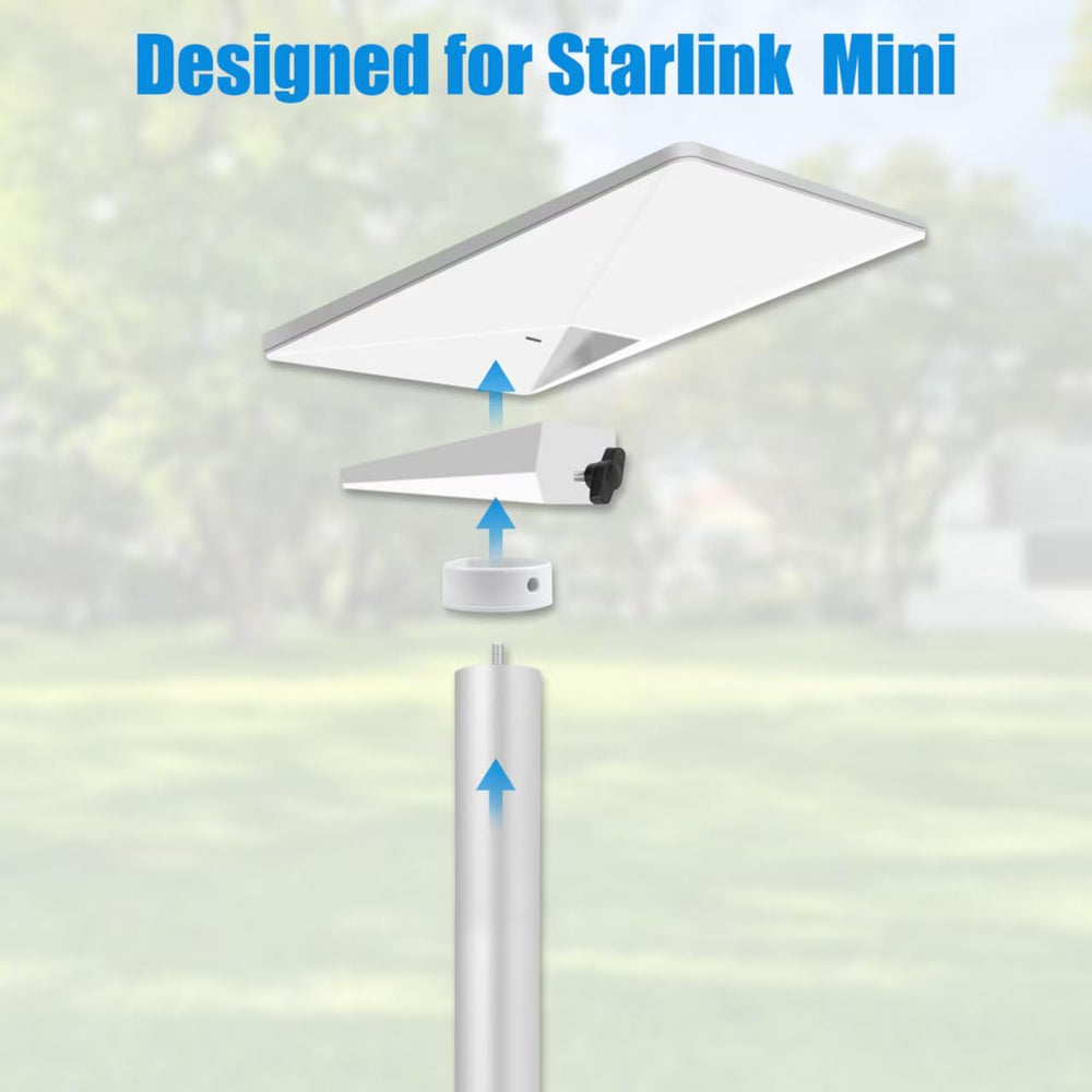 NovaKits Starlink Mini pole mounted at campsite showing portable outdoor internet setup