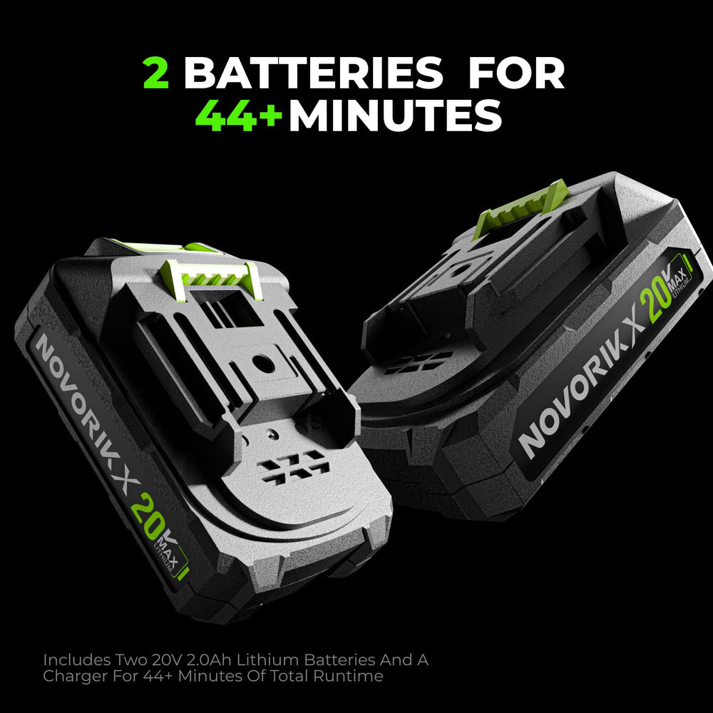 NovorikX two 20V 2.0Ah batteries and charger displayed for continuous runtime