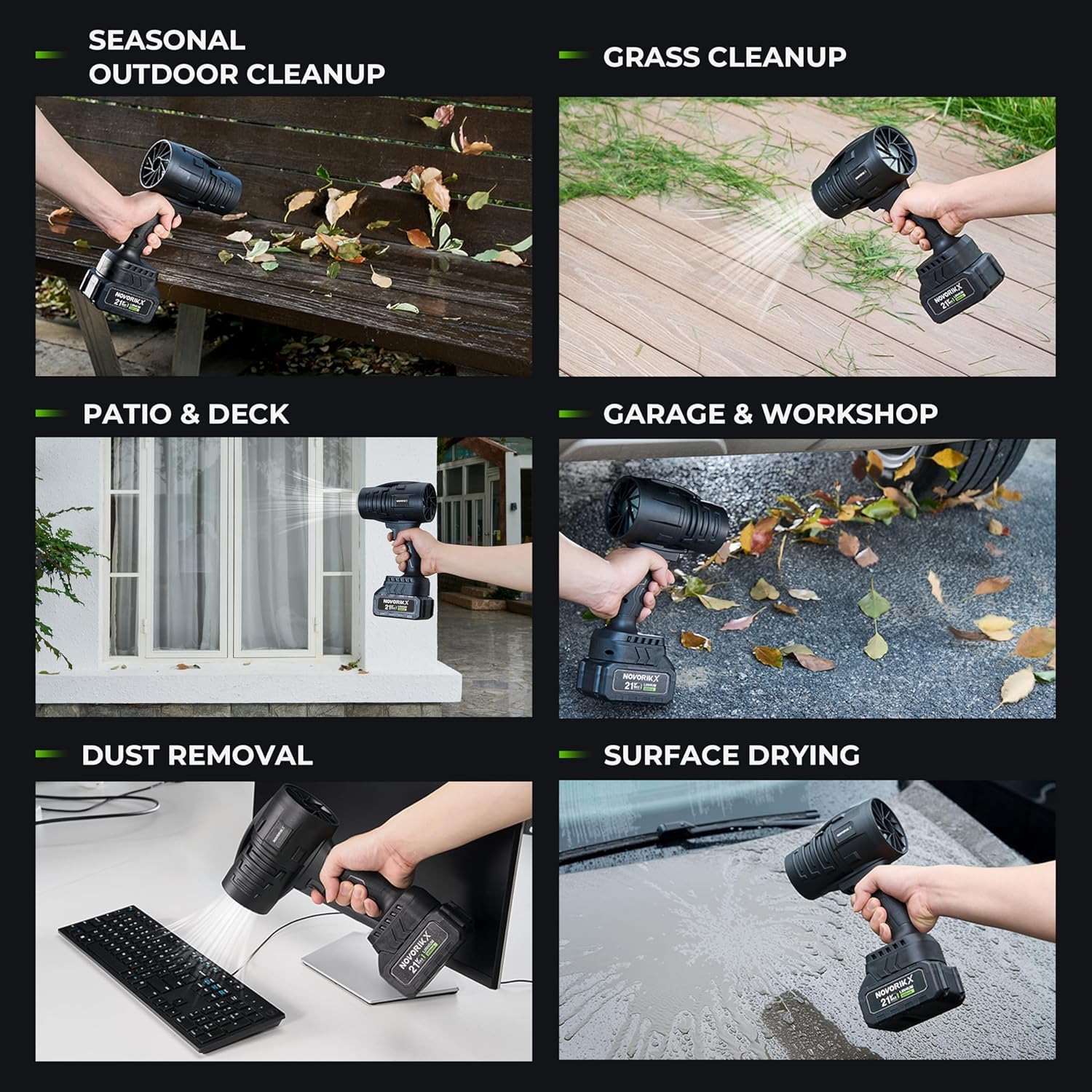 NovorikX in use blowing leaves on driveway for fast outdoor cleanup