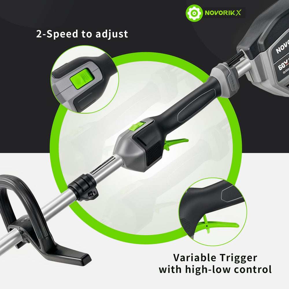 NovorikX cordless trimmer cutting tall grass in a backyard for efficient work