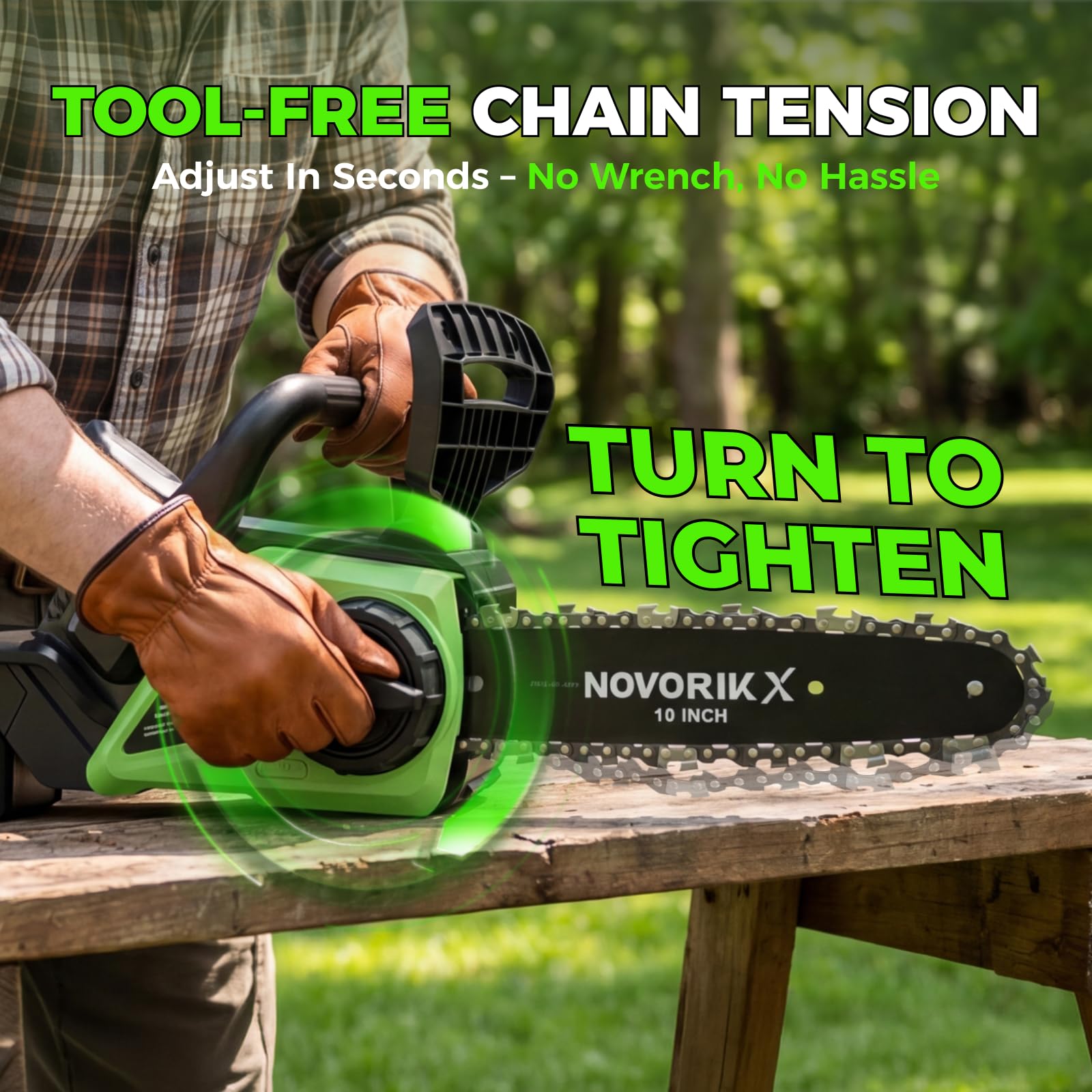 NovorikX in-use trimming a branch illustrating ease of overhead and yard work