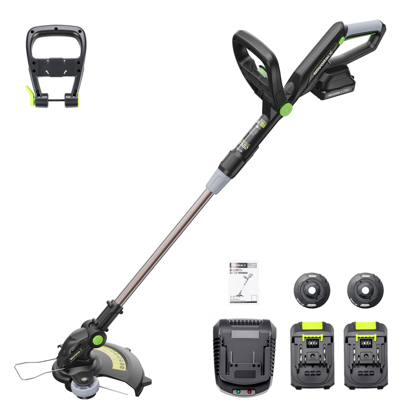 NovorikX lifestyle image trimming a backyard highlighting cordless convenience