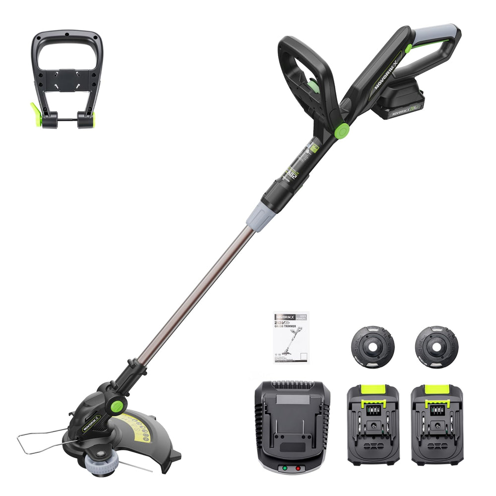 NovorikX lifestyle image trimming a backyard highlighting cordless convenience