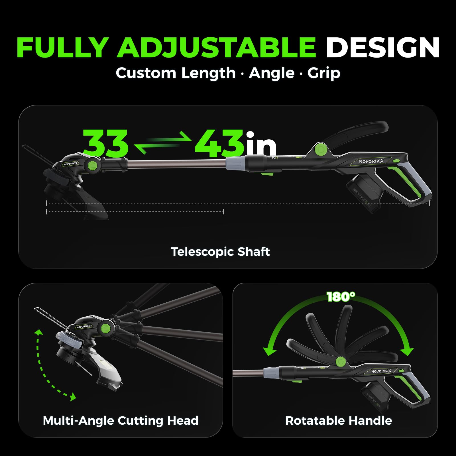 NovorikX telescoping shaft extended illustrating adjustable height for user comfort