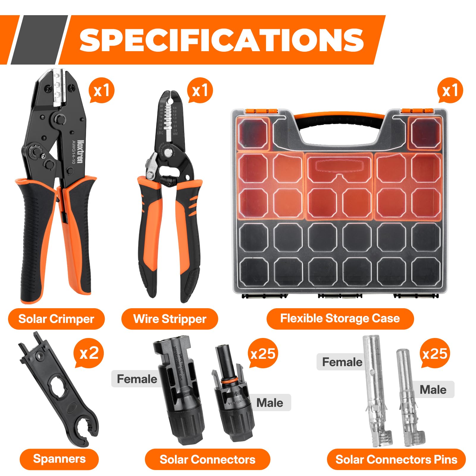 Noxtren crimping tool close-up showing ratcheting die and ergonomic grip for precise crimps