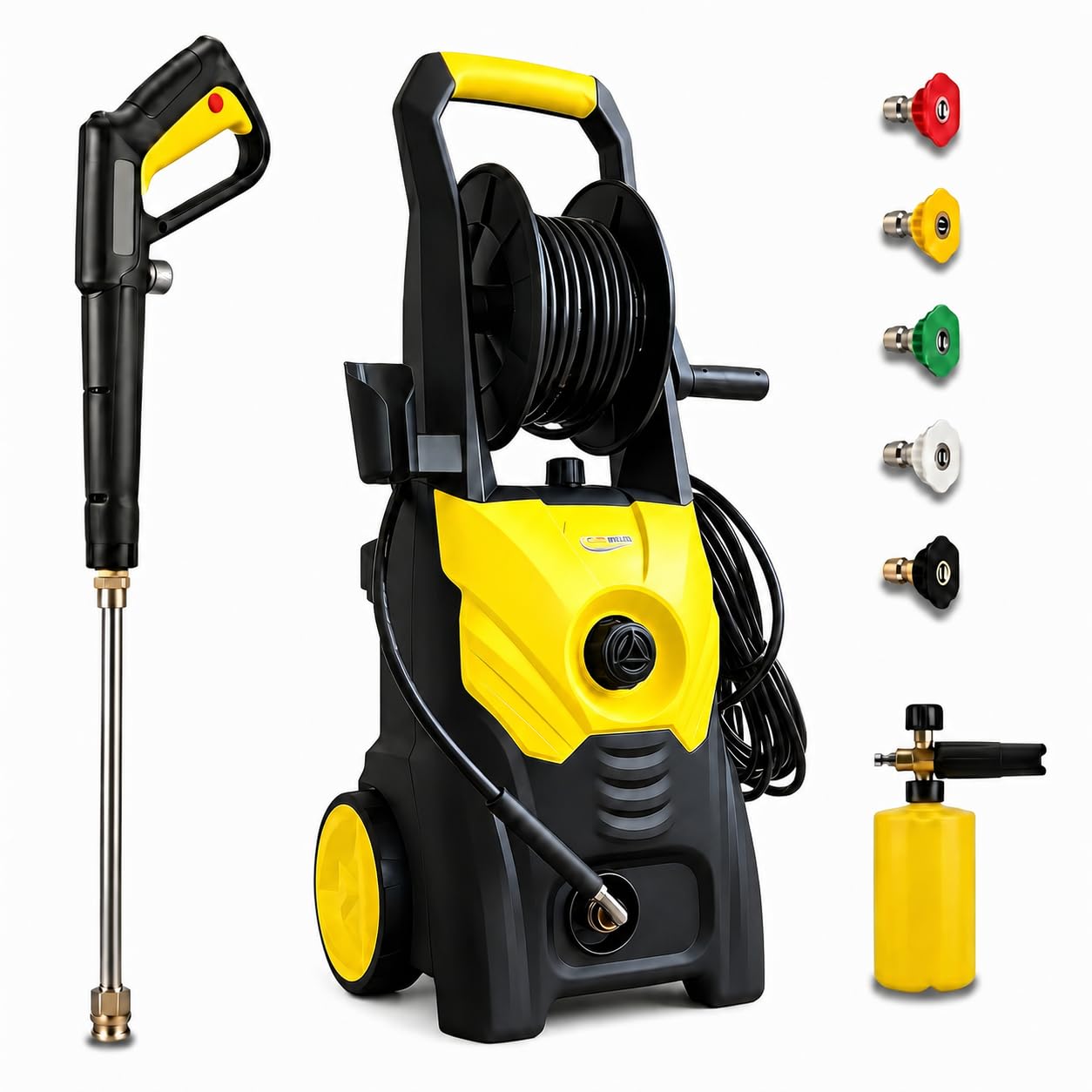 Nozzlpeak front view showing bright yellow unit and compact design, improves storage
