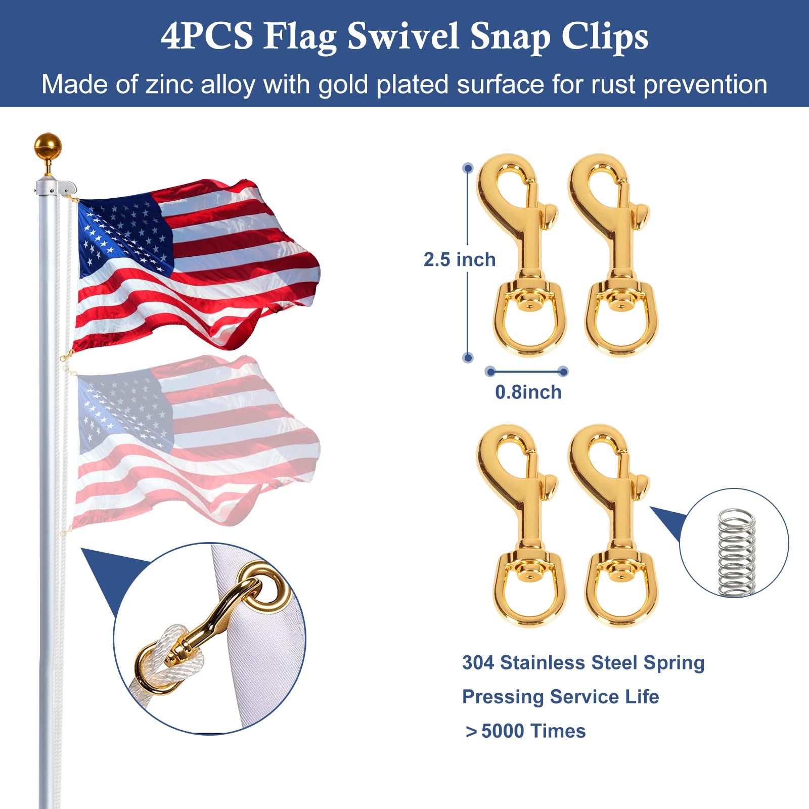 NQ swivel hooks detail showing gold-finished snaps that prevent flag tangles