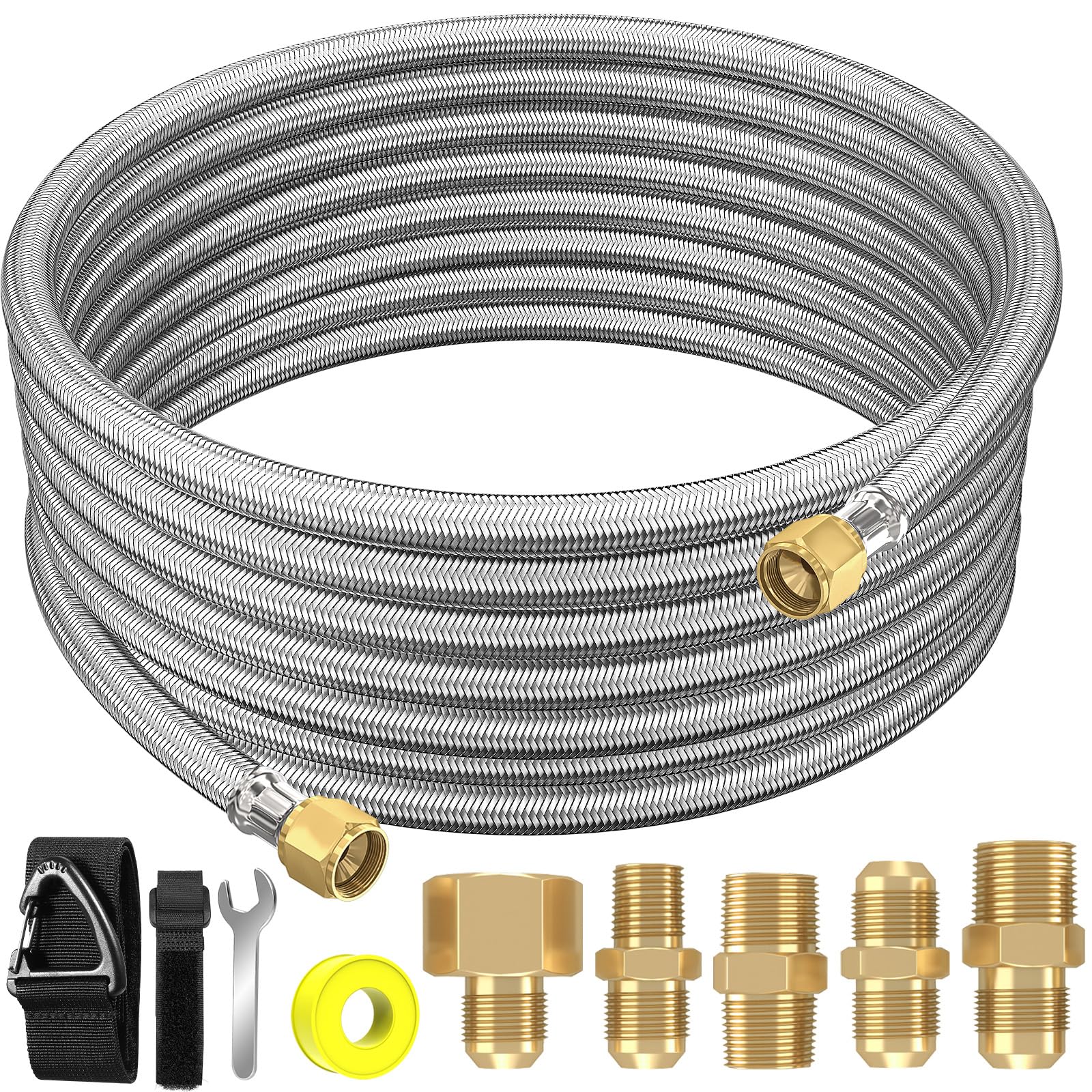 NQN front packaging showing 18ft propane hose kit and included parts, reliable connection
