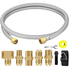 NQN front view of 6ft braided propane hose showing full length and connectors for flexible reach