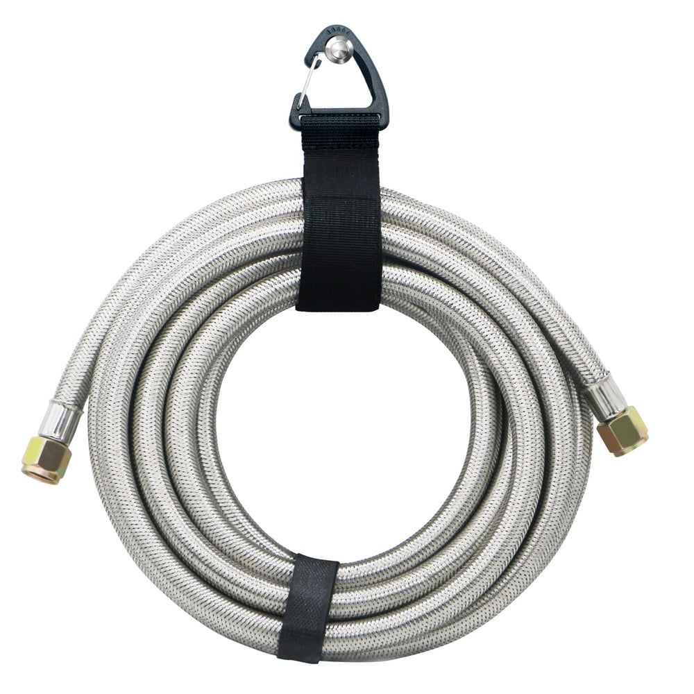 NQN coiled hose stored with velcro buckle, compact and protected between uses