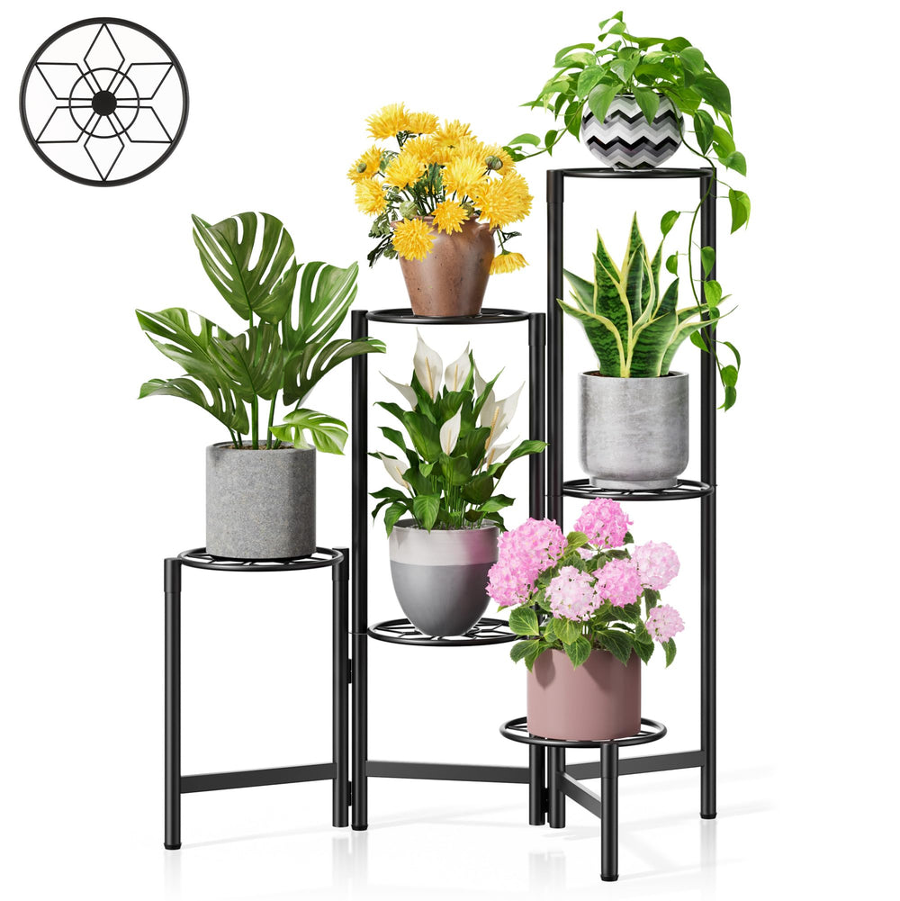 NQW front view of 6-tier metal plant stand showing organized pots and space-saving layout