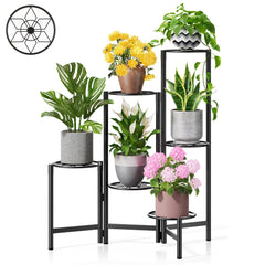 NQW front view of 6-tier metal plant stand showing organized pots and space-saving layout