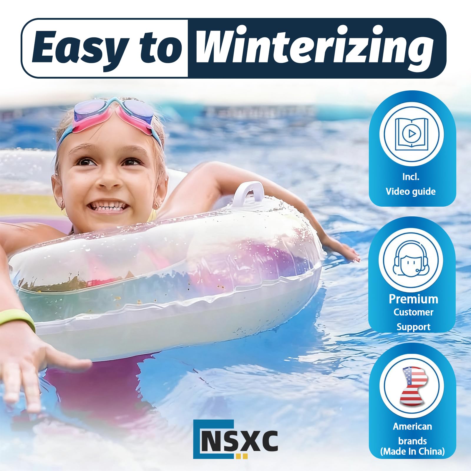 Nsxc winterized backyard pool with plugs installed showing organized protection