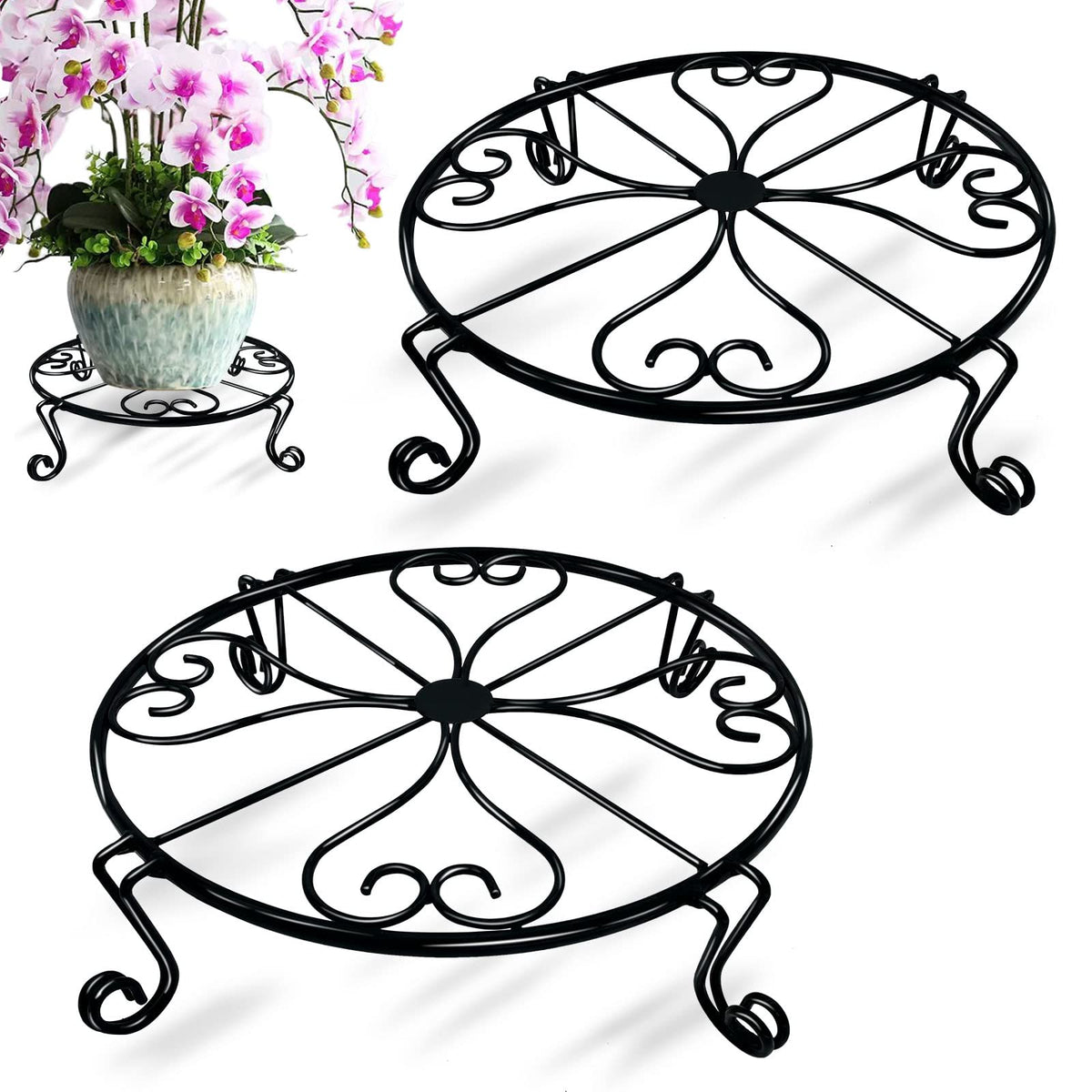 NSYOOMH front view of two black metal plant stands showing clean silhouette and balance