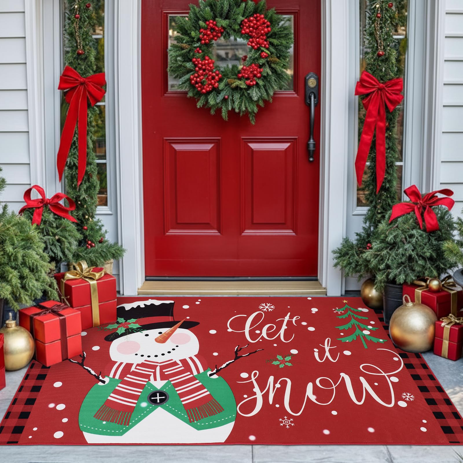 Nuanchu front view of Let It Snow doormat showing snowman design and welcoming message benefits curb appeal
