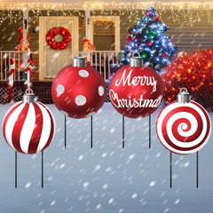 Nuanchu front view of four Christmas ball signs showing bright festive colors and benefit of instant holiday curb appeal