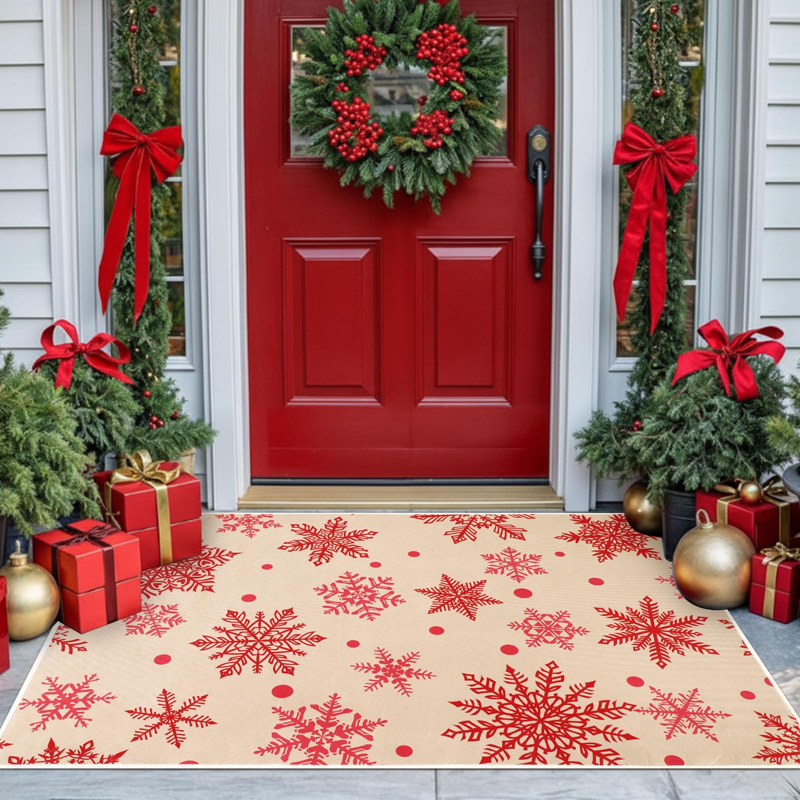Nuanchu front view red snowflakes mat welcoming guests and protecting floors