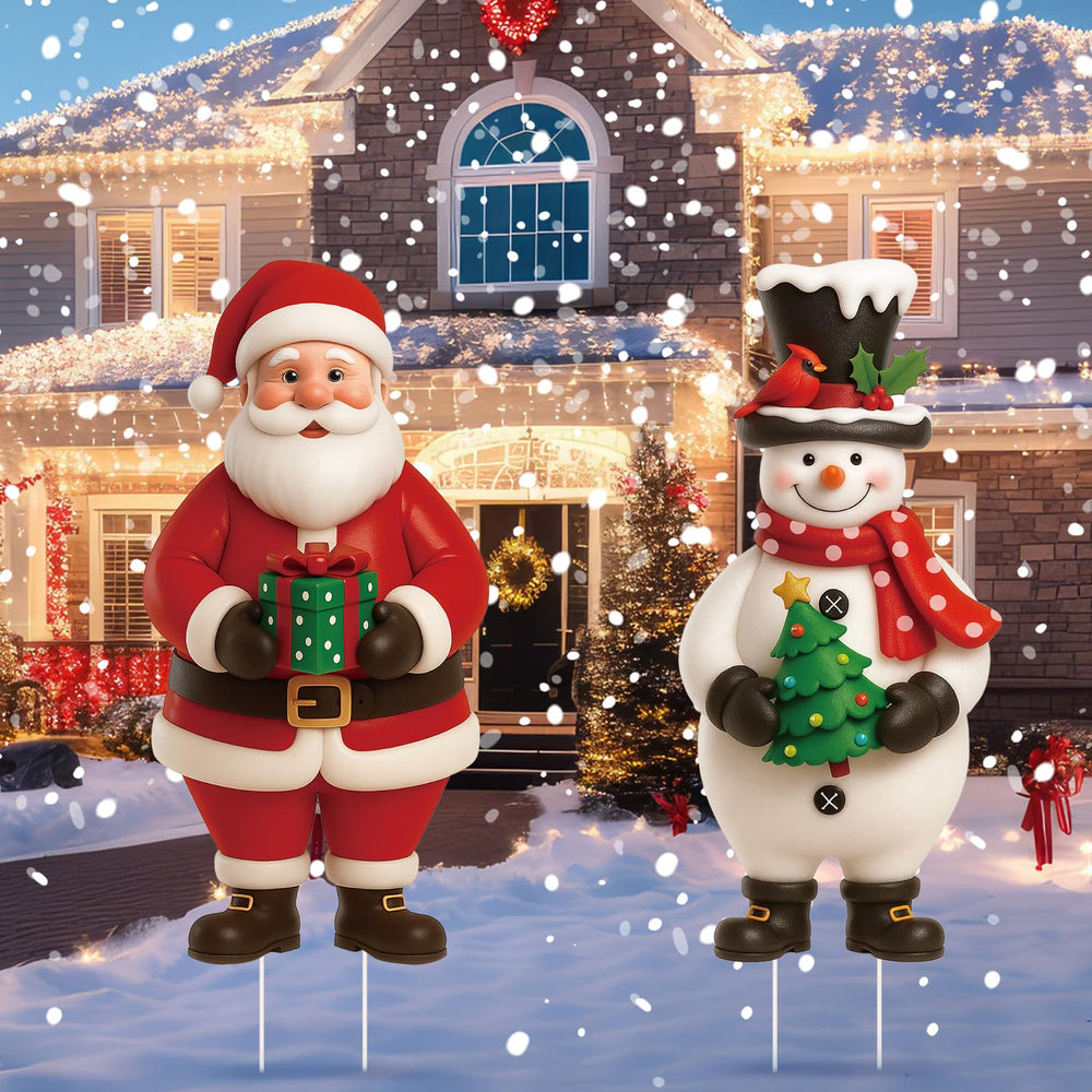 Nuanchu front view of Santa and snowman signs boosting curb holiday cheer