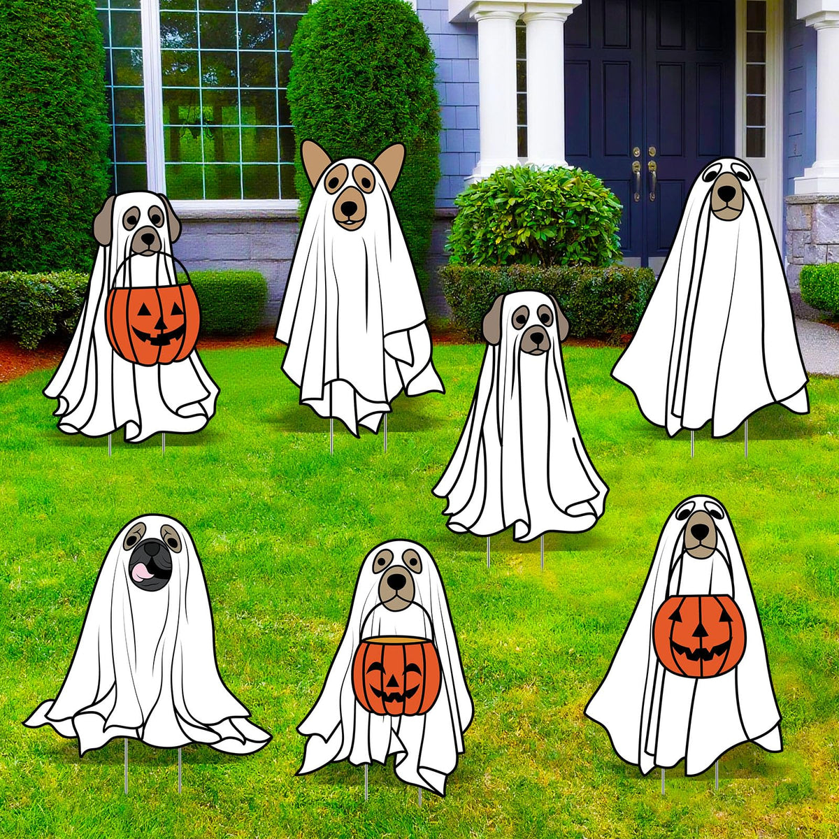 Nuanchu front view of seven ghost dog yard signs brightening a lawn