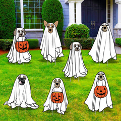Nuanchu front view of seven ghost dog yard signs brightening a lawn