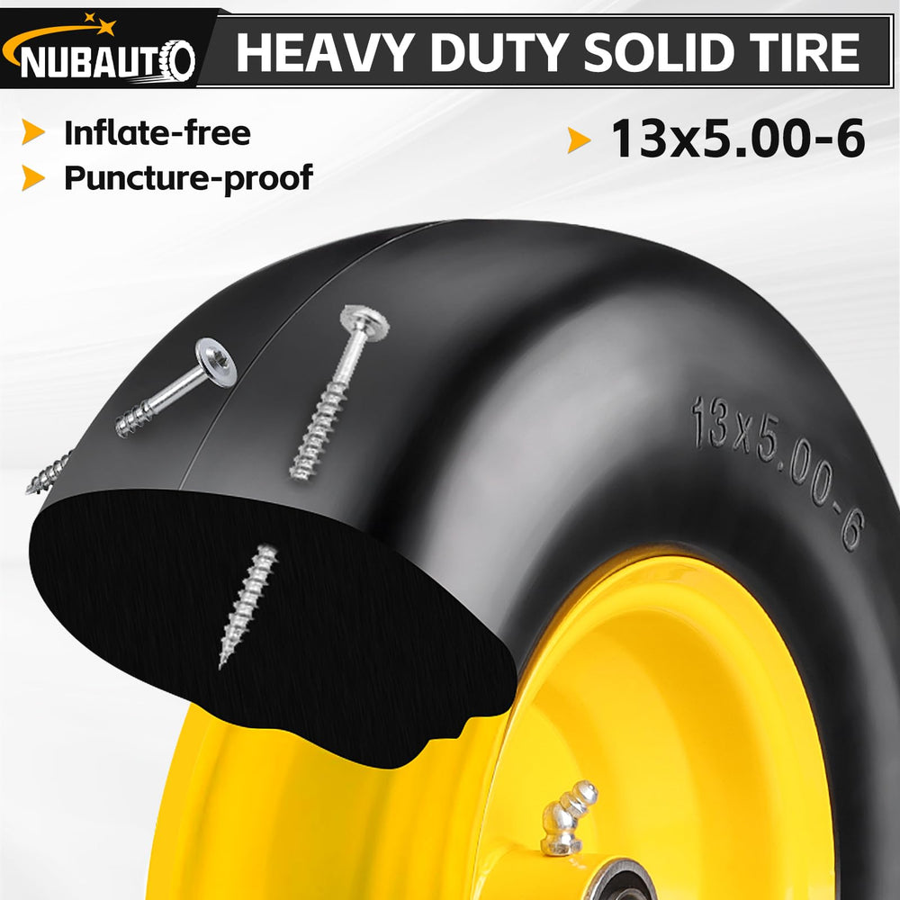 NUBAUTO wheel installed on a zero-turn mower demonstrating flat-free operation benefit