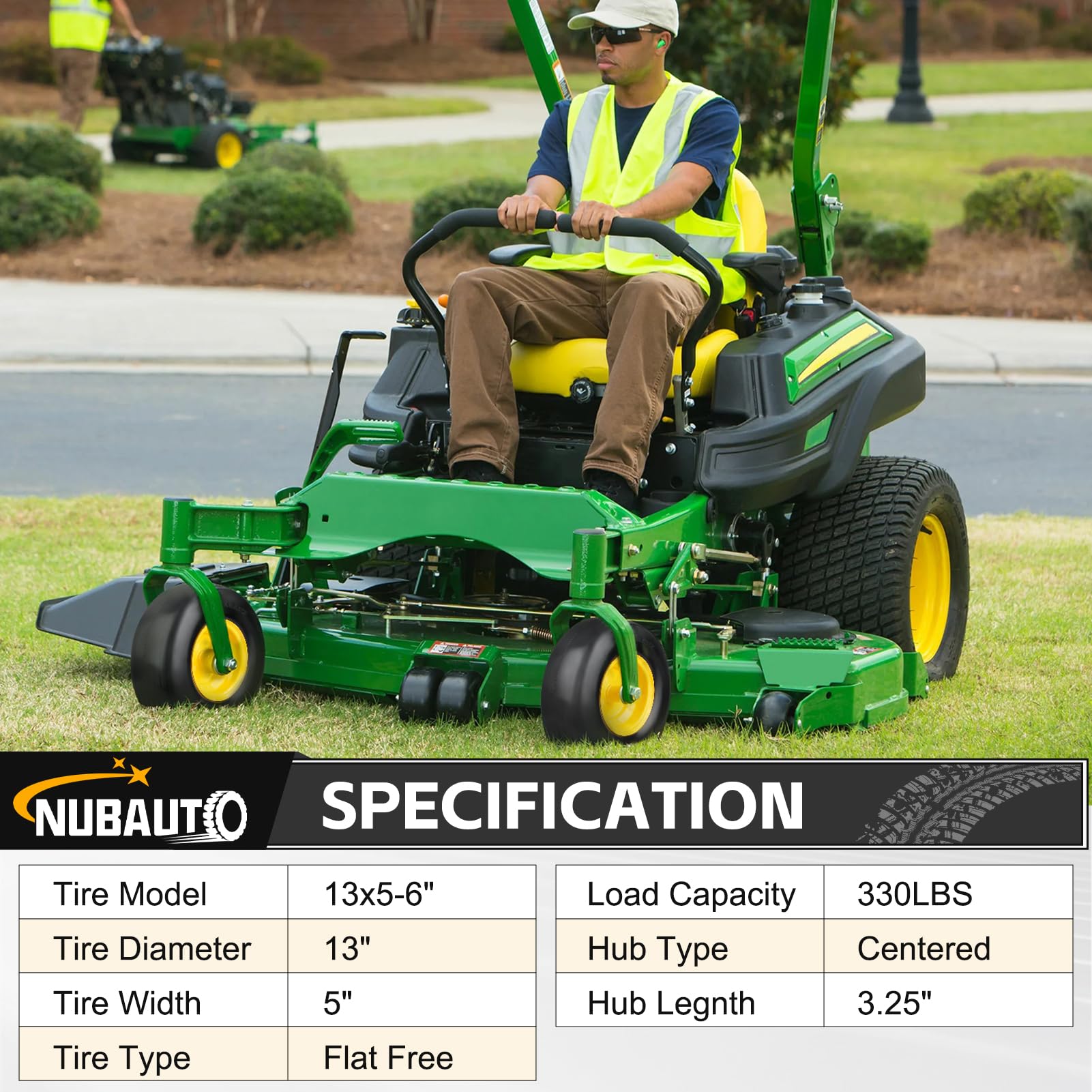 NUBAUTO tire beside ruler showing 13x5.00-6 scale for accurate size verification