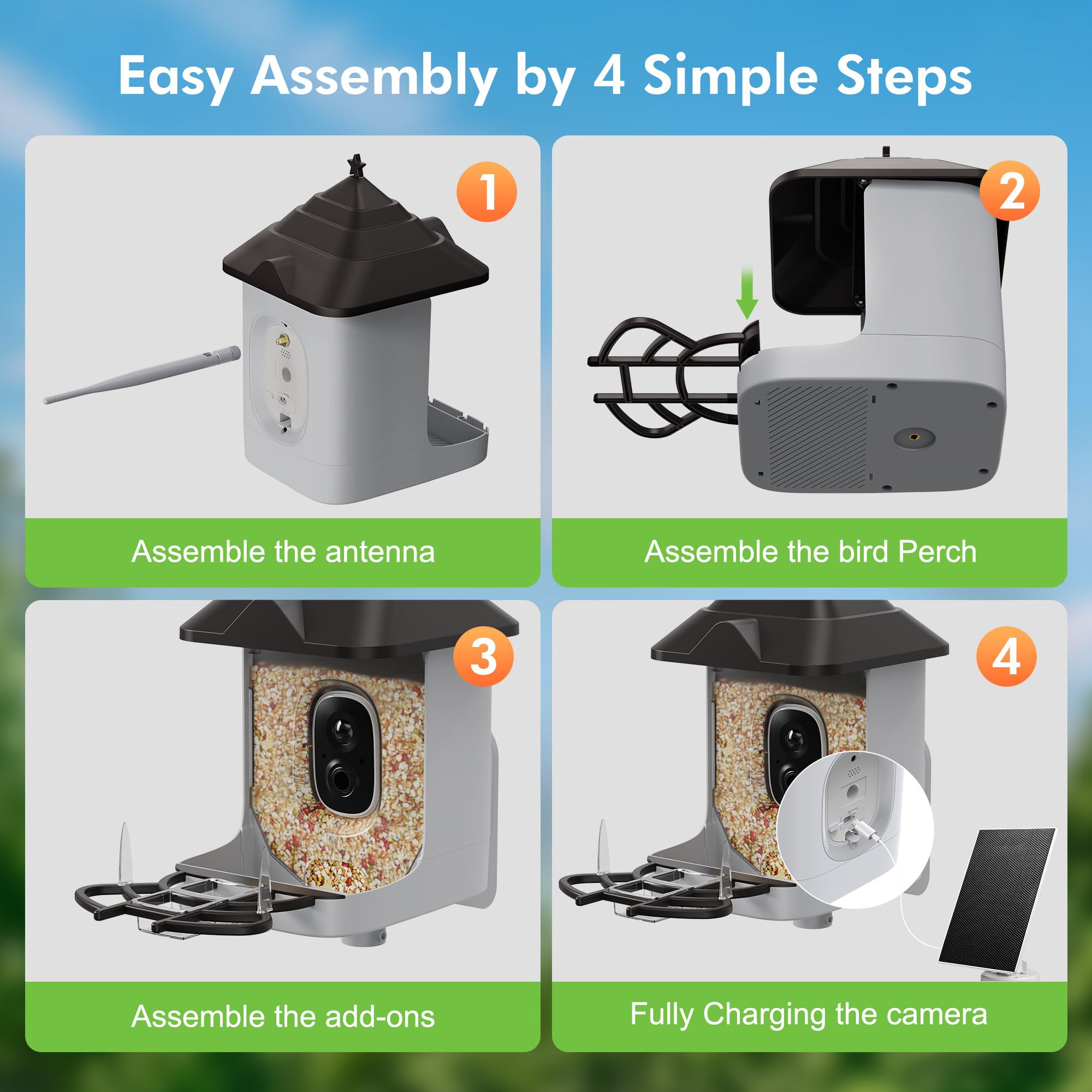 Nuctove backyard setup with feeder mounted showing family birdwatching benefit