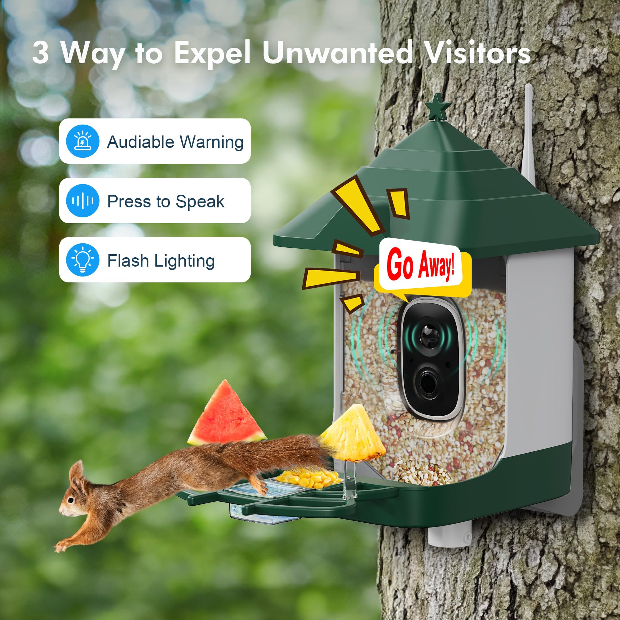 Nuctove feeder mounted on a tree illustrating weatherproof outdoor durability