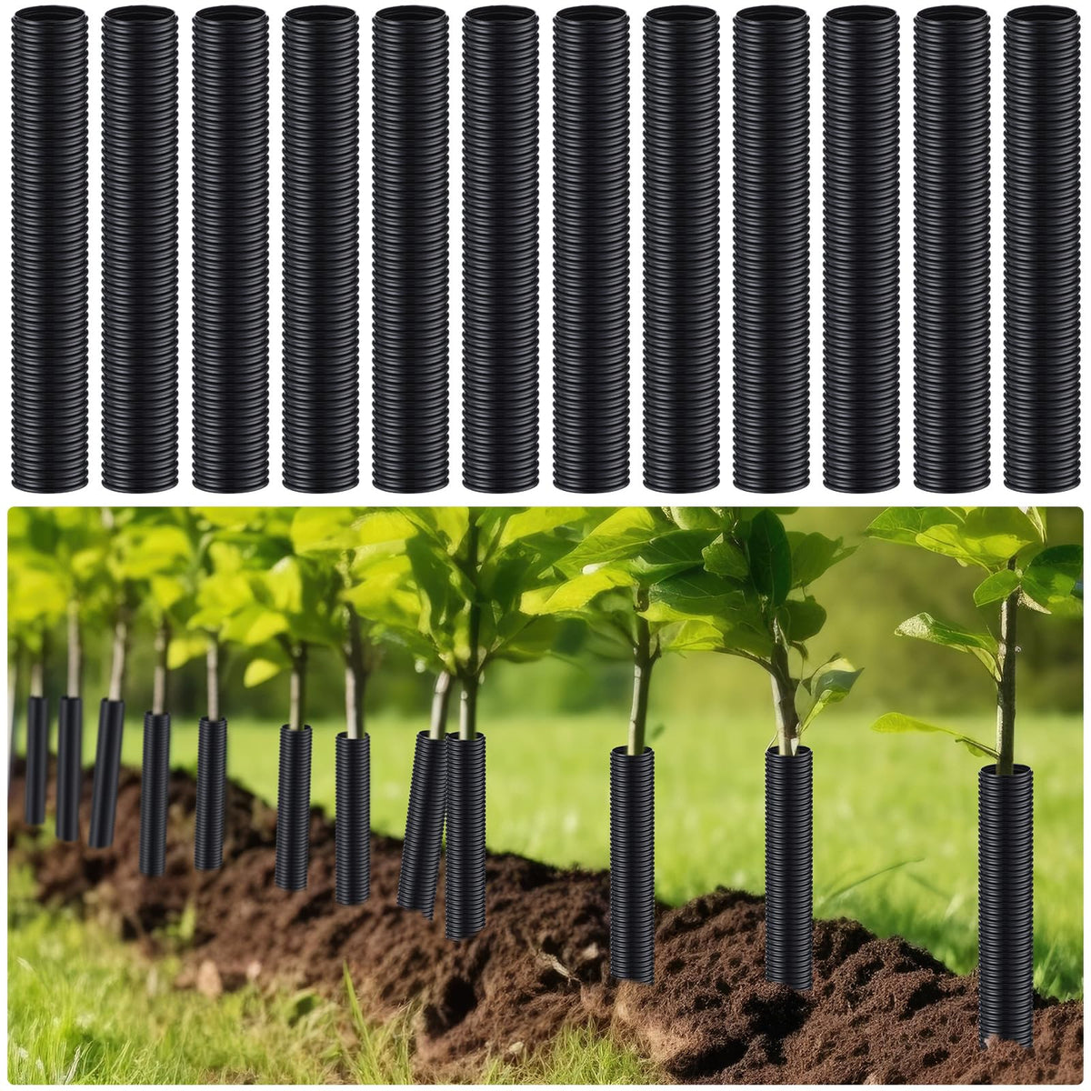 Nuenen front pack showing 12 black tree guards and easy storage benefit