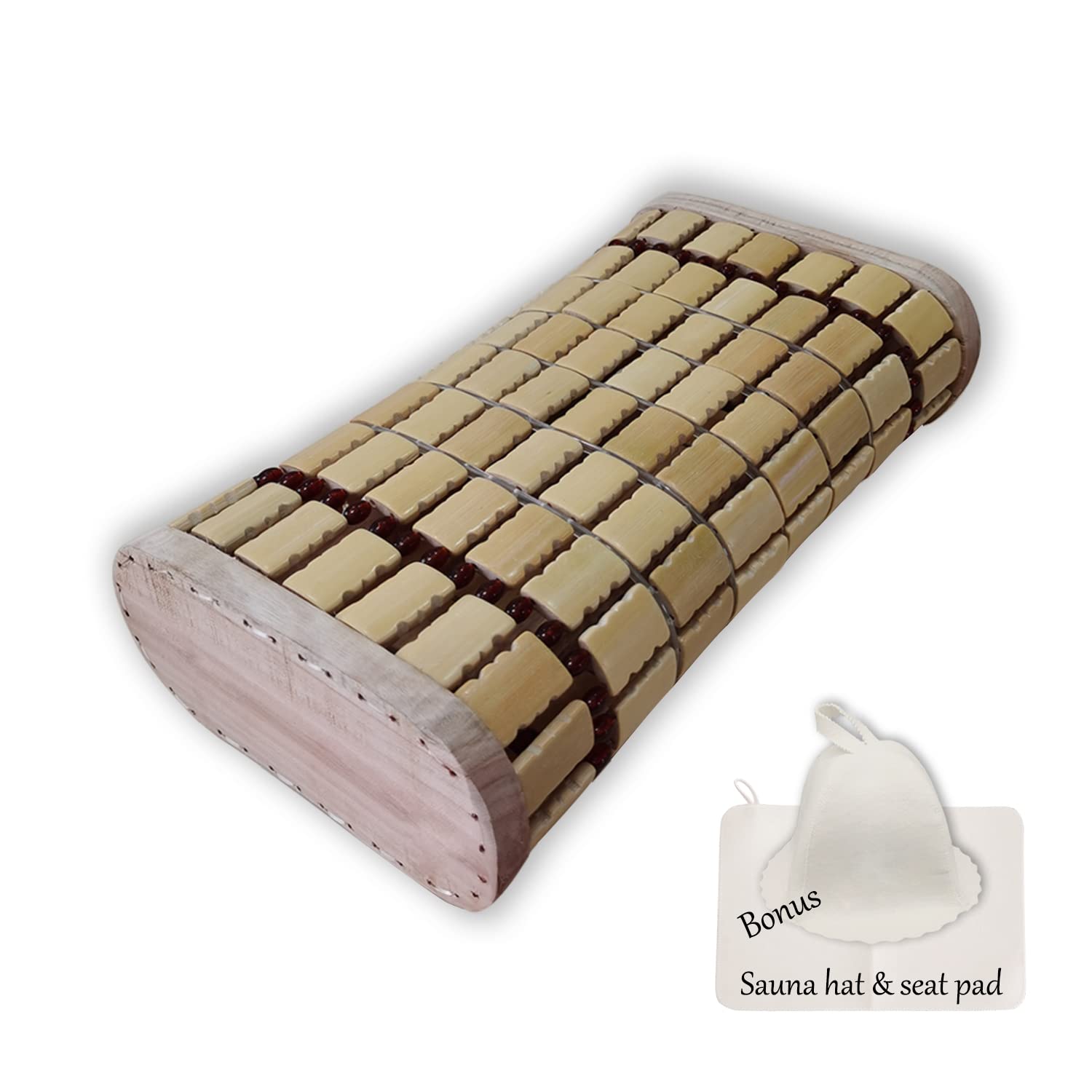 NUIBY bamboo headrest front view showing curved support and comfort benefit