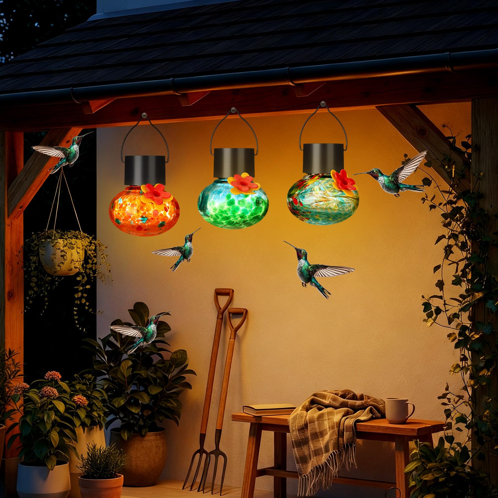 Nuogo feeder glowing at night with solar LED creating decorative evening ambiance
