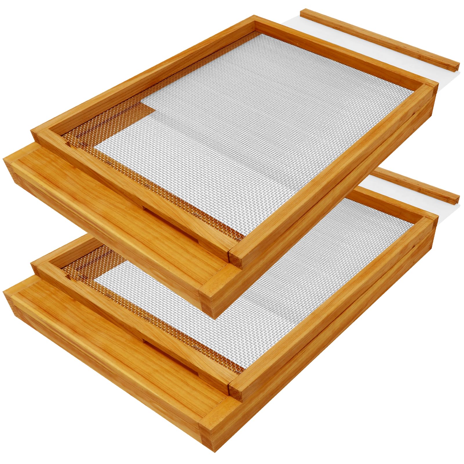 NUOMIC front view of assembled screened bottom board showing beeswax finish and fit