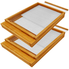 NUOMIC front view of assembled screened bottom board showing beeswax finish and fit