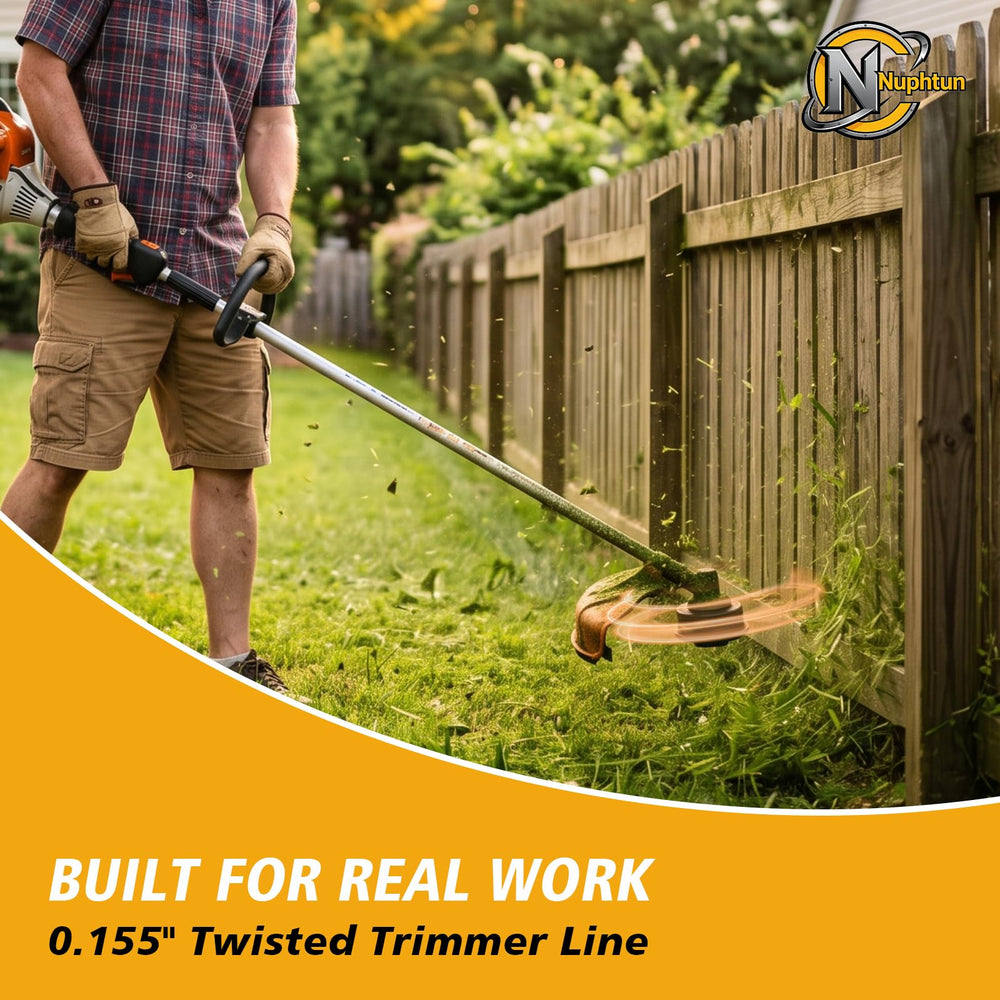 Nuphtun in-use in yard cutting thick brush to show powerful performance