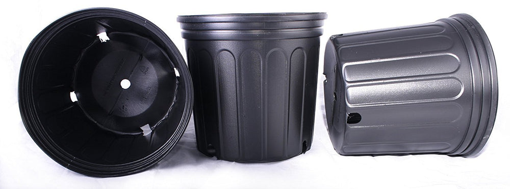 Nursery Supplies front view of pot showing rim and five drain holes, durable and stackable