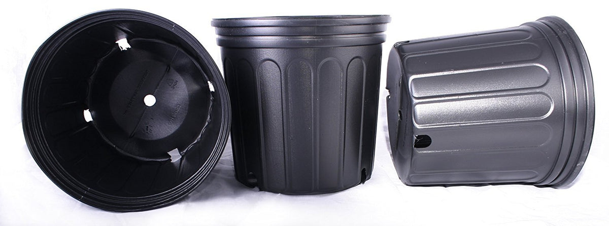 Nursery Supplies front view of pot showing rim and five drain holes, durable and stackable