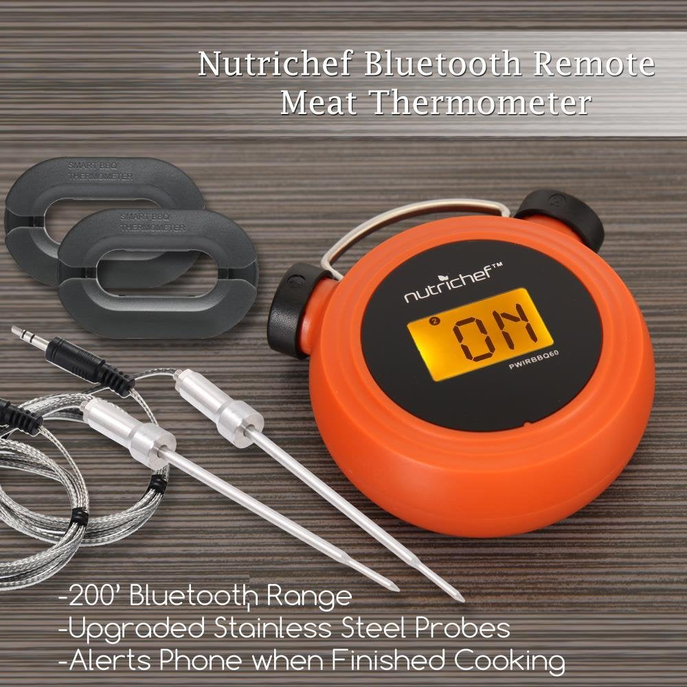 NutriChef probes inserted in smoker showing safe in-grill use for long cooks