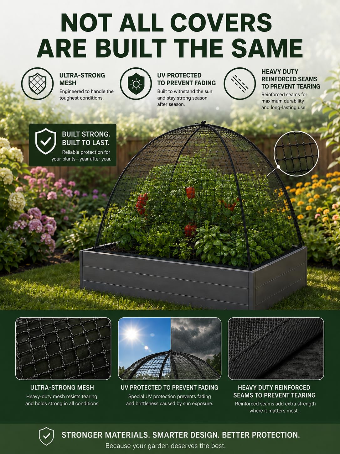 NuVue tent beside garden tools to show size and scale for small beds