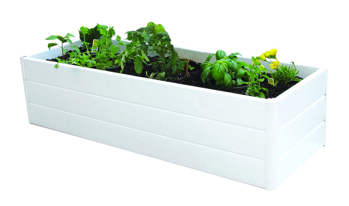 NuVue terrace garden bed front view showing clean white finish and planting area for easy gardening