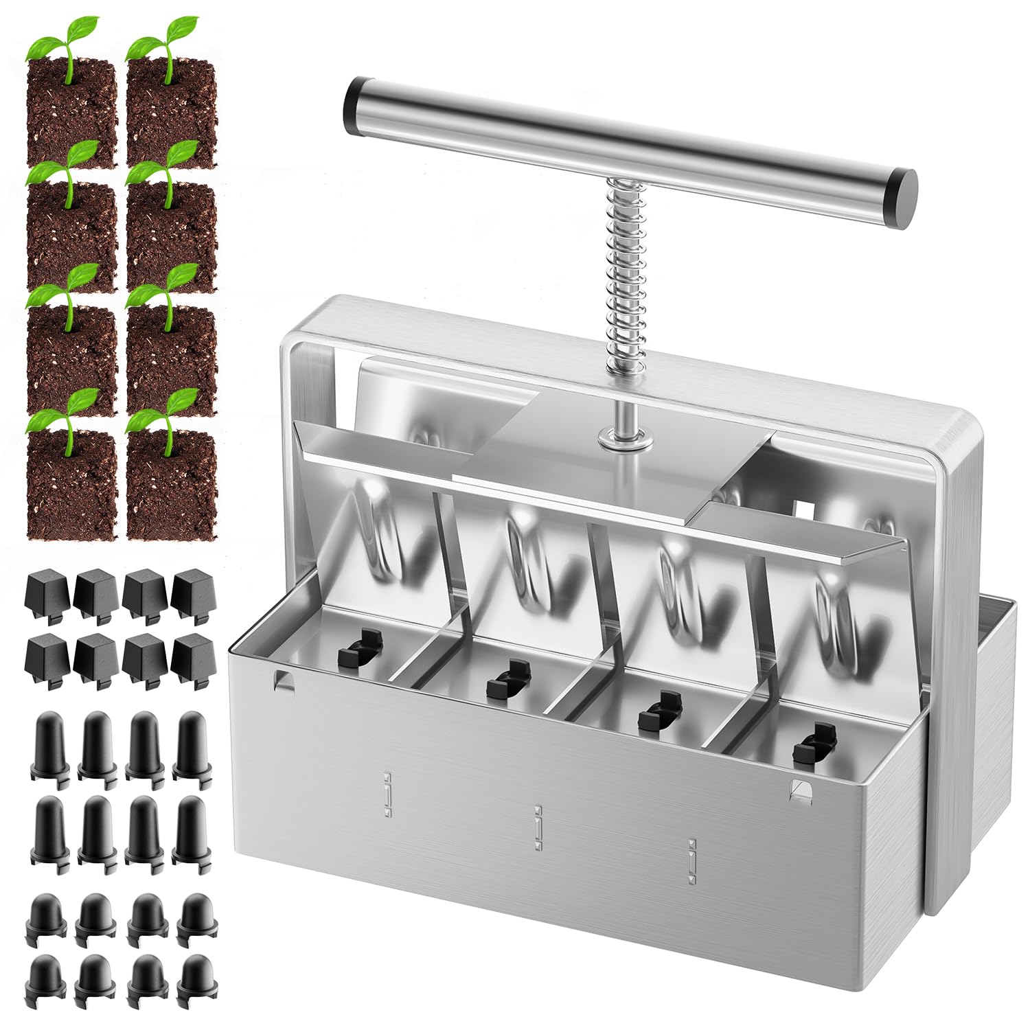 NVRGIUP front view showing 8-cell soil blocker, durable and precise