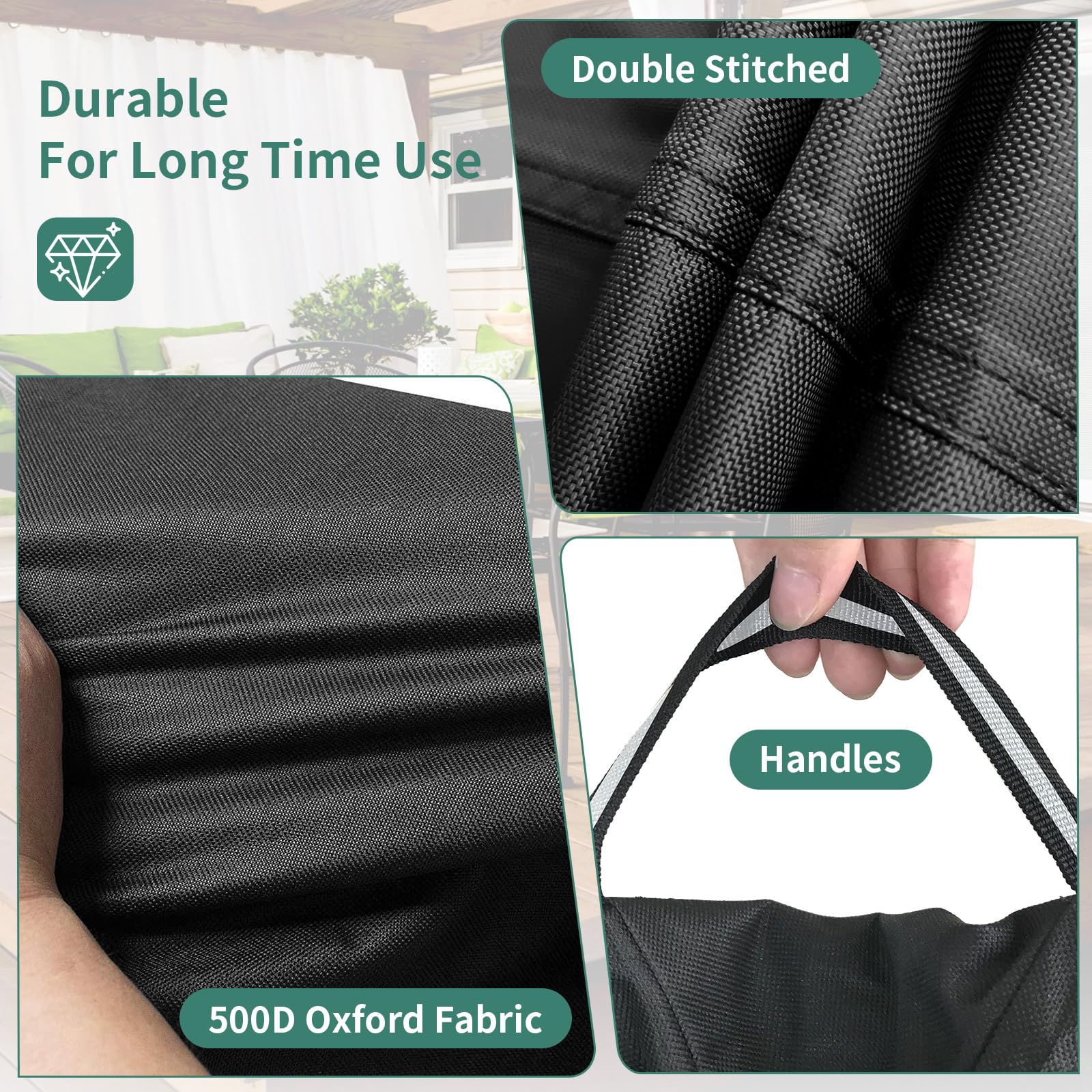 NYFITY cover secured on round table demonstrating buckles and drawstring windproof benefit
