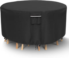 NYFITY front view of round cover protecting table, showing full coverage and weatherproofing benefit