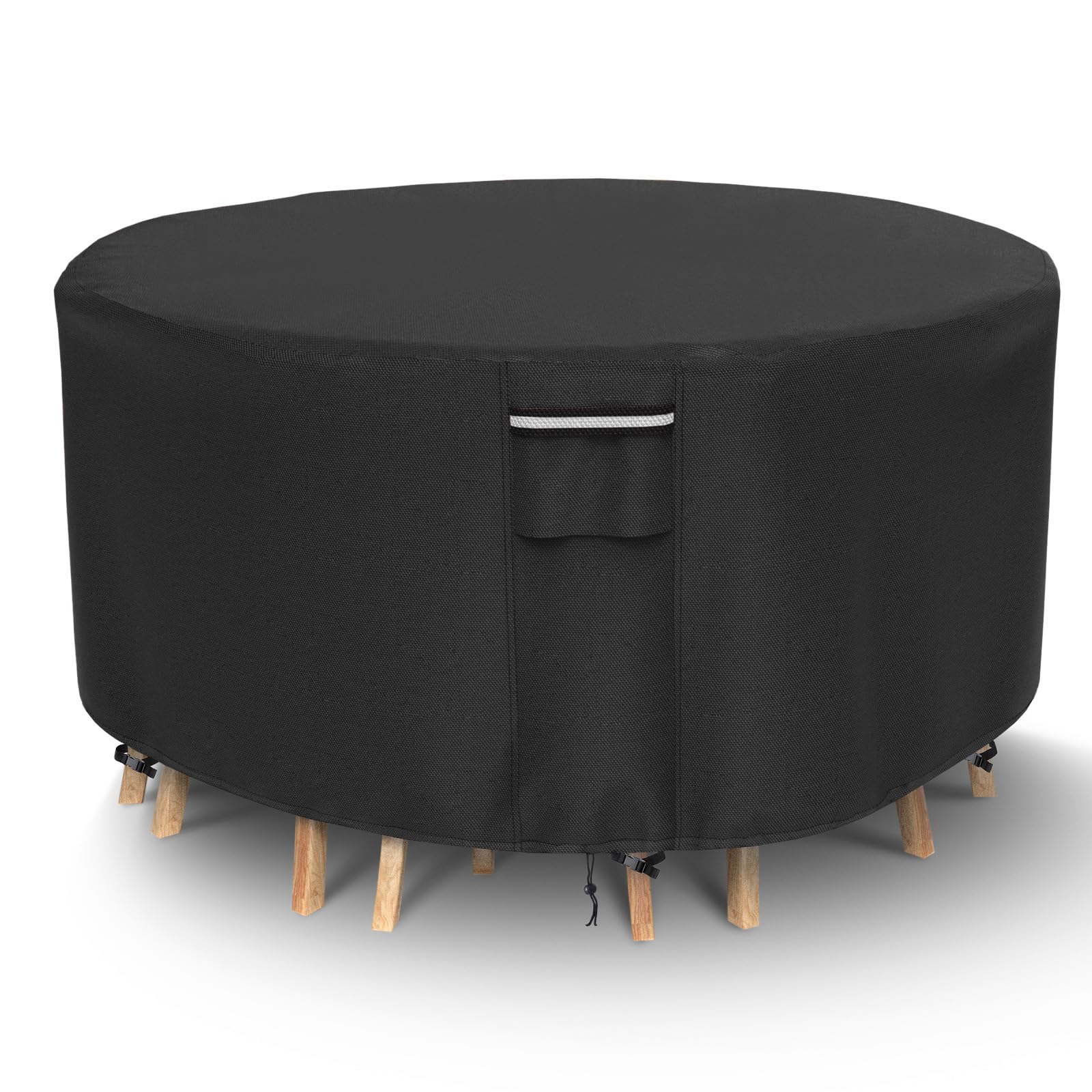 NYFITY front view of round cover protecting table, shows full waterproof protection