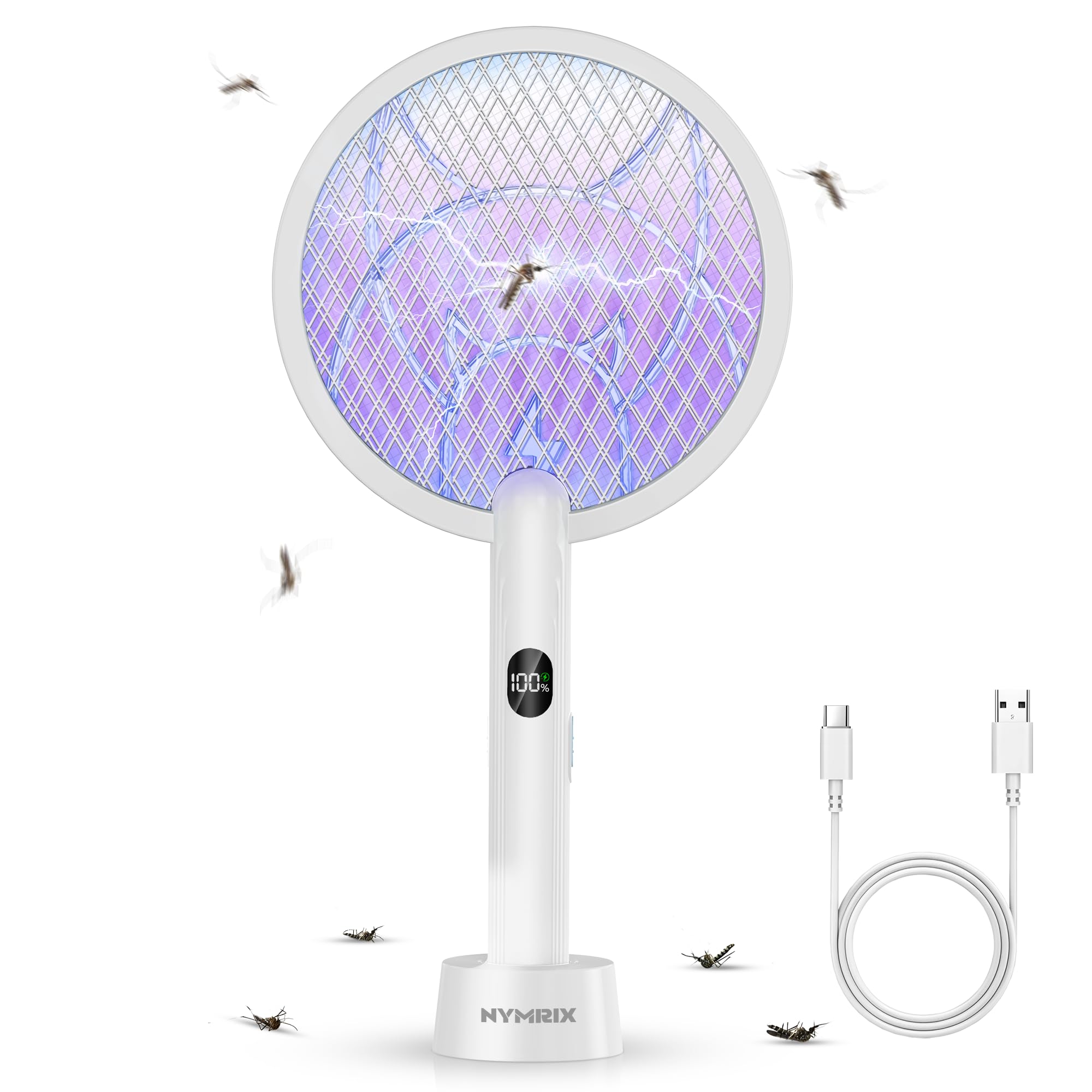 Nymrix front view showing racket and base, highlights quick insect control