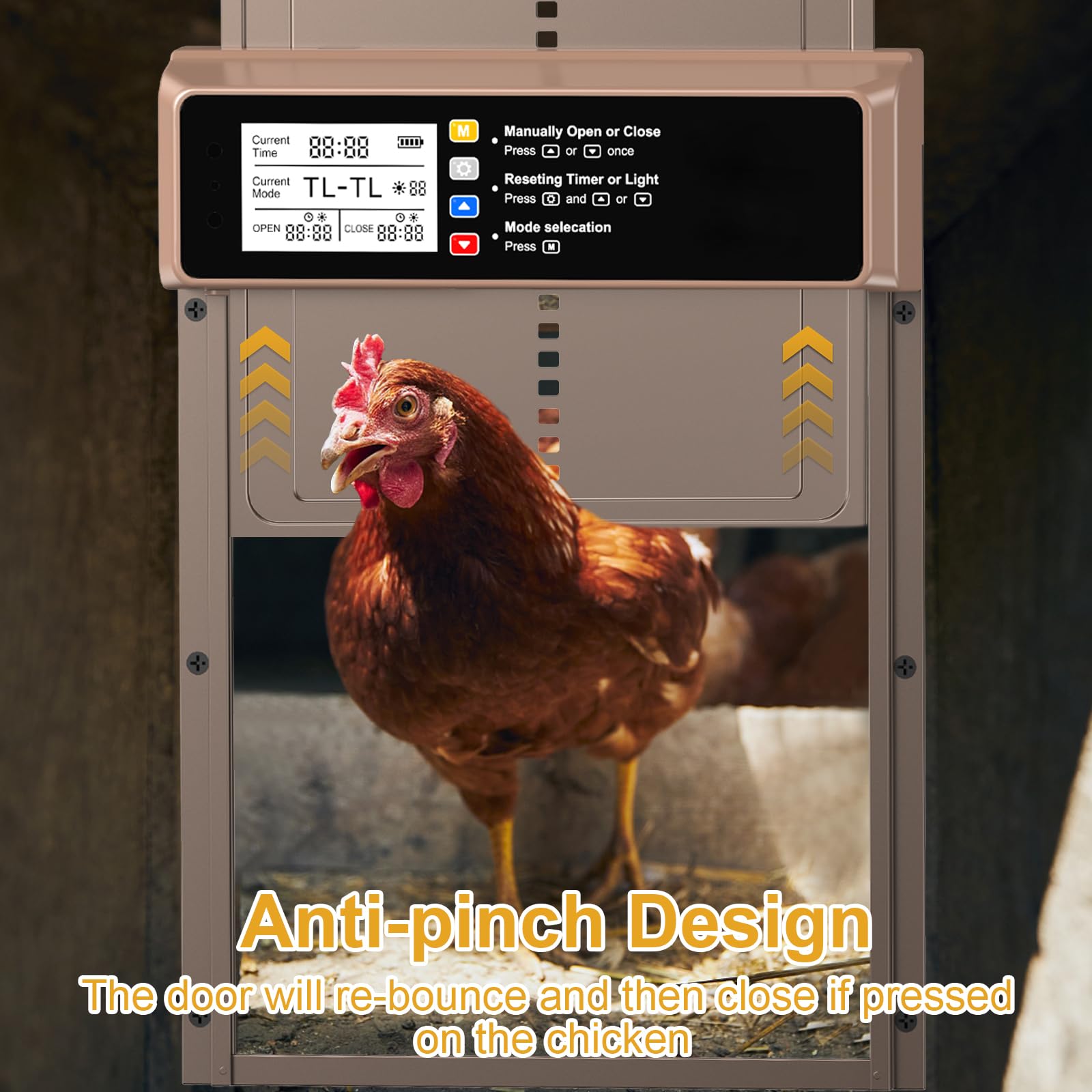 NyPots anti-pinch mechanism detail, protects chickens from being trapped